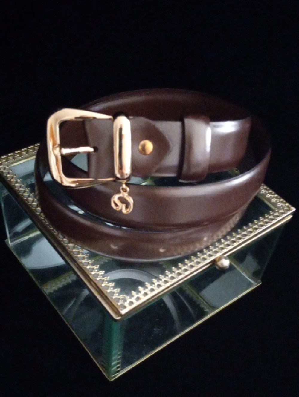 ST JOHN Vintage Brown Leather Belt Gold-Tone Buckle Charm Italy Size 10 NWOT
